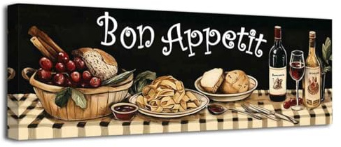 LZIMU Kitchen Wall Art Red Wine Glass Picture Bread Painting Vintage Food Canvas Prints Fruit Knife Fork Spoon Poster Still Life Artwork for Dining Room Restaurant Decor (Black, (12L x 36W))