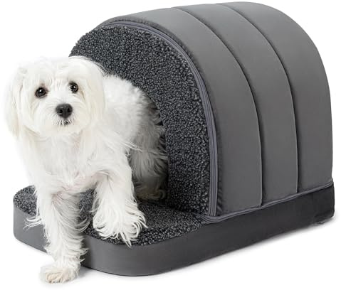 PELZIN Orthopädisches Hundehöhle - Hundehaus für Drinnen - Hundehütte Indoor rutschfest - Waschbar Hundebett Mit Dach für Kleine Hunde & Einen 61cm Hundekorb - 58x41cm, Grau