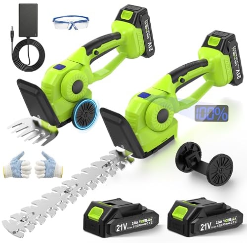 VOERJIA Akku-Heckenschere 21V, 2-in-1 Grasschere & Strauchschere mit 2X 2.0Ah Akkus und LCD-Display, leistungsstarker Motor der 650W-Klasse, 130/220 mm Klingen für präzise Rasenkanten und Hecken