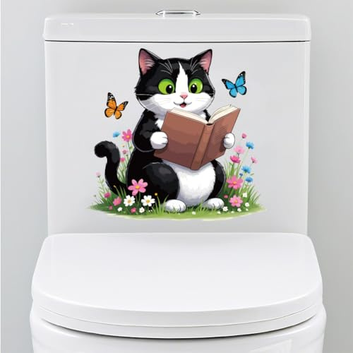 PRESSINART Toilet Seat Lid Cover Sticker 11.8 x 11.3 Inch Waterproof Peel and Stick PVC, Funny Cat Toilet Sticker Cartoon Book Flowers Self Adhesive Wall Decal for Bathroom Restroom Home Decoration