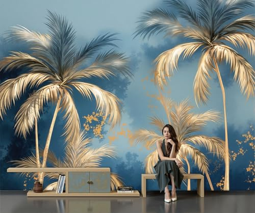 SMBHIAON Papier Peint Panoramique Plantes Tropicales 3D Soie,300×210 Cm Papier Peint Palmiers Dorés - Grandes Murales Poster Pour Salon, Étude Décoration,Bleu Ciel
