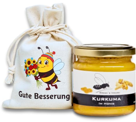 Grega's Imkerei | Honig-süßes Geschenkset Gute Besserung im Leinensäckchen mit 250g Honigspezialität nach Wahl | Geschenk gute Besserung & Aufmunterung (Kurkuma im Honig 250g)