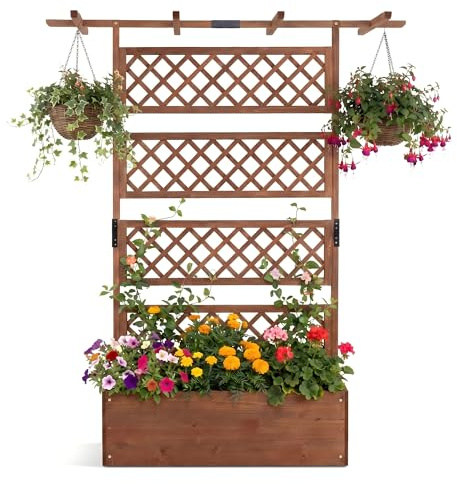GOPLUS Blumenkasten mit Rankgitter, Pflanzkasten mit hängendem Dach & Querstange, Pflanzbeet aus Tannenholz, Pflanzkübel Outdoor mit Ablauflöchern, Blumenkübel für Garten & Balkon, 100 x 55 x 183 cm