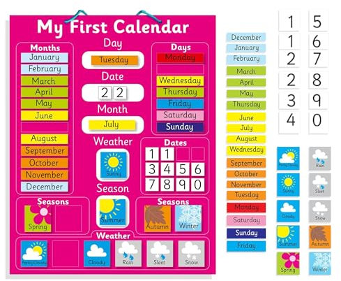 Interactive Children's Magnetic Learning Calendar - Pink - Fun Educational Tool for Time, Seasons, and Weather Awareness - 40x32cm with Easy Hang Loop