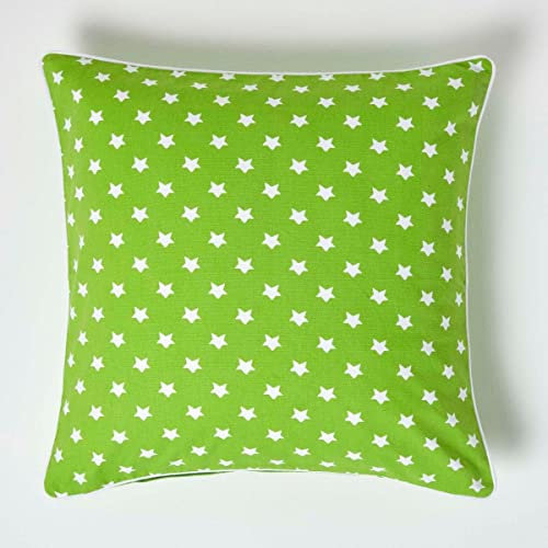 HOMESCAPES - 100% Cotton - Star - Large Cushion Cover - 60 x 60 cm Square - 24 x 24 Inches - Green White - 100% Cotton Sofa Pillow Cushion Cover - Washable
