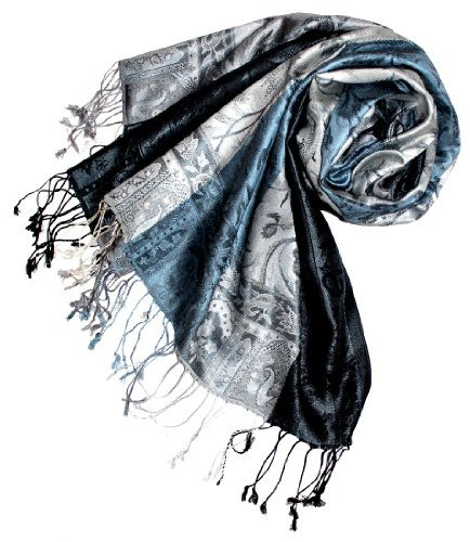 Lorenzo Cana Damen Pashmina 100% Seide Schal Schaltuch gewebt 70 cm x 190 cm Paisley silber blau Seidenschal Seidentuch 78052