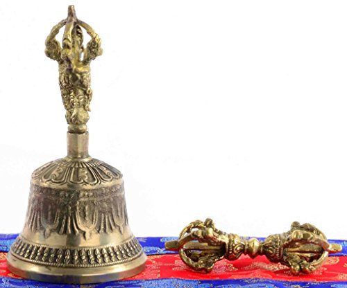 BUDDHAFIGUREN Glocke 13 cm hoch Ghanta mit Dorje und Hülle aus Brokat