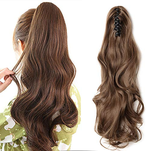 Silk-co 45cm Extension Coda Clip con Pinza Finta Capelli Mossi Claw on Ponytail Marrone Chiaro