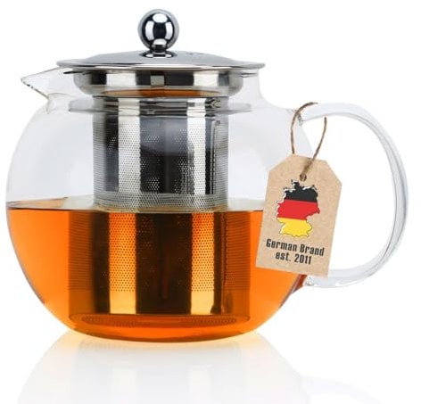 INTIRILIFE Tetera con Filtro 800 ml en Claro - Jarra de Vidrio de Resistente borosilicato con tamiz Infusor al Calor para Bebidas frías y Calientes - Café, té Helado, Agua, etc.