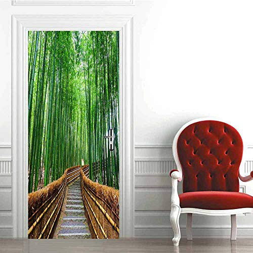 HSKABA Stickers Affiche Autocollante de Porte, 3D Intérieure Chambre Décoration Trompe l'oeil Sticker Muraux,Paysage de Bambou 77 x 200 cm,Déco Murale Qualité HD