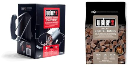 Weber 17631 Grillstarterset für Holzkohlegrills, 3 in 1: Anzündkamin, 2 kg Briketts, 3 Anzündwürfel, Weiß, 33x20x32 cm & 17612 Anzündwürfel braun, ohne Zusatzstoffe, 48 Stück (1er Pack), 38x17x5 cm
