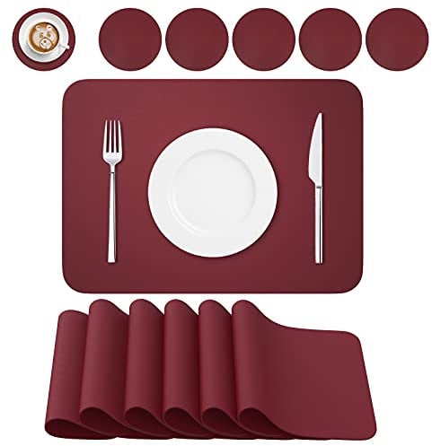BANNIO Lot de 12 Sets de Table,6 Pièces Sets de Tables Lavables et 6 Pièces Dessous de Verre,PVC Set de Table(41 x 31CM),Antidérapant Lavable Chaleur Résiste,Rouge