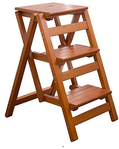 KINGBO Step Stool for Adults/Step Ladder/Counter Chair, 3-Step Folding Portable Wooden Step Stool, Anti-Slip & Lightweight (Nut - Brown)