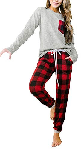 Artfish Damen Loungewear Outfits Pjs Langarm Tops und Buffalo Plaid Joggers Pants Pyjama Set mit Taschen, Hellgrau-rotes Karomuster, XL