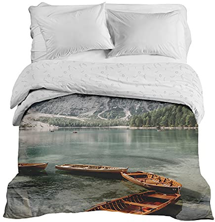 Gravity Gewichtsdecke Bezug - Schlaufen Bezugssystem mit Reißverschluss Baumwolle Deckenbezug für Erwachsene/Jugendliche Größe 150x220 cm Seeboot Berge grün