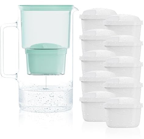 Wessper Wasserfilter Kanne Glas 3L, Set Wasserkanne und 10 Filterkartuschen, Wasserkaraffe für Trinkwasser mit Ersatz Filter Kompatibel mit Brita Maxtra - Minze