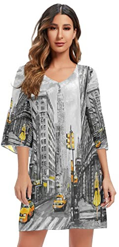 Mnsruu Ölgemälde New York City Damen Casual Chiffon Minikleid 3/4 Ärmel V Ausschnitt, mehrfarbig, XXL/3XL