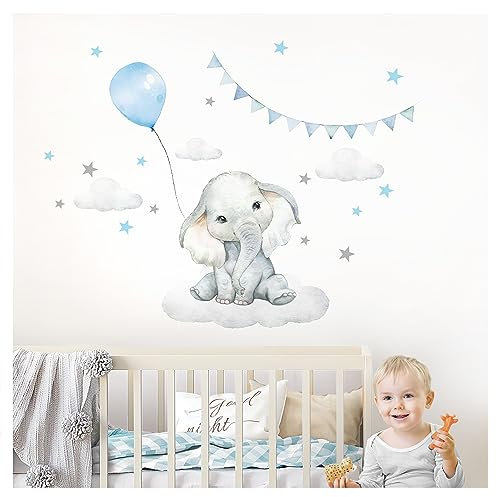 Little Deco Wandsticker Wandtattoo Kinderzimmer Deko Junge Tiere Elefant Ballon Wolken Aufkleber Babyzimmer blau Spielzimmer Wandbild selbstklebend DL891-4