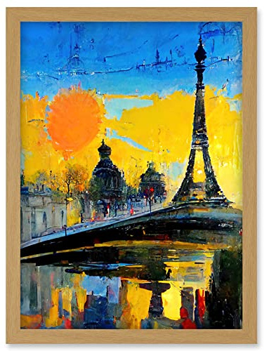 Modern Bright Abstract Paris At Sunrise Cityscape Eiffel Tower Artwork Framed Wall Art Print A4