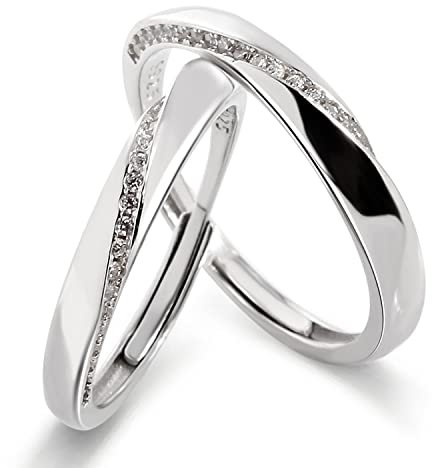 Fasce di coppia in argento sterling con pietre di dimensioni CZ per uomini e donne Banda nuziale fatta a mano Anello di promessa abbinato Dimensione regolabile, Set di due