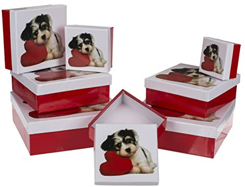 8-teiliges Set Geschenkschachteln Geschenkboxen Geschenkkarton, 8 Stück Geschenkkartonage Boxenset Weihnachten Geburtstag Hochzeit, ca. 22,5 x 22,5 x 8 cm (Rot/Weiß mit Hund & Herz)