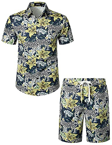 JOGAL Herren Hawaii Hemd Männer Flamingo Kurzarmhemd und Kurze Hose Set Strand Outfit Sommerhemd Für Mann Marine Leopard Klein