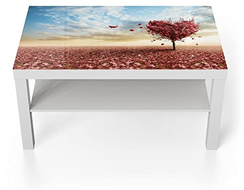 DEQORI Glastisch | weiß groß 90x50 cm | Motiv Herzförmiger Laubbaum | ausgefallener Beistelltisch aus Glas | Hochglanz Couchtisch fürs Wohnzimmer | moderner Couch Tisch mit Design
