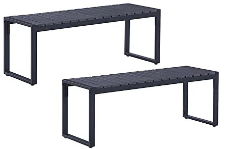 Mingone Gartenbank Wetterfest Schwarze Sitzbank Outdoor 2-Sitzer Parkbank Metallbeine Harzauflage Bänke für Gärten im Freien auf Balkonen Terrassen, 2er Set