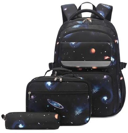 Mildame Galaxy Backpack for Boys with Lunch Box Set, 3Pcs Boys Bookbag for Elementary, 3 in 1 Teens Space Printed School Bag, Blue Space-a, 31(L)x17(W)x45 cm(H)/12.2(L)x6.7(W)x17.7 inch(H), School
