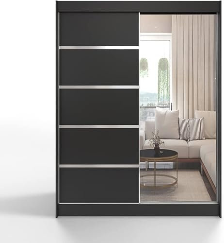 Easy Sofas and Wardrobes - Sliding 2 Doors Wardrobe Camino III 150 cm - Mirror - Bedroom Furniture Set with Clothes Rail - Storage - Color: Black