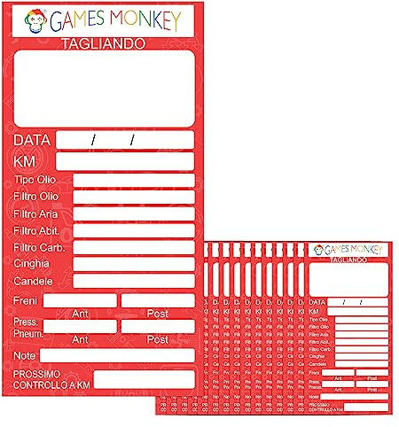 GamesMonkey® - Etichette Tagliando Auto Adesivi – 9x5 CM - Impermeabili - Manutenzione Cartellino Motore Cambio Olio freni Candele Filtri Cinghia Pneumatici Veicolo (15 Pezzi, Rosso)