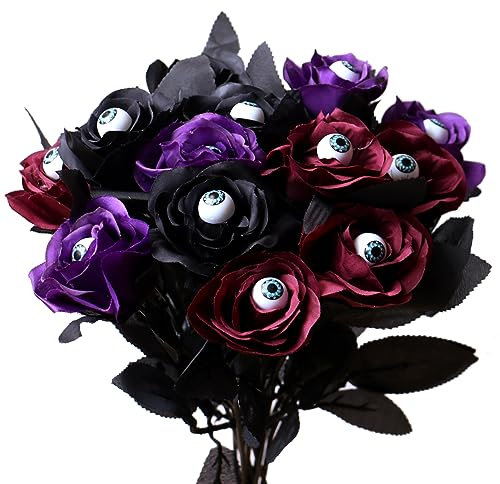YXYQR Lot de 12 roses effrayantes pour Halloween avec yeux - Pour l'intérieur et l'extérieur - Noir, rouge, violet - Bouquets de fleurs artificielles pour guirlande de pot, décoration de maison