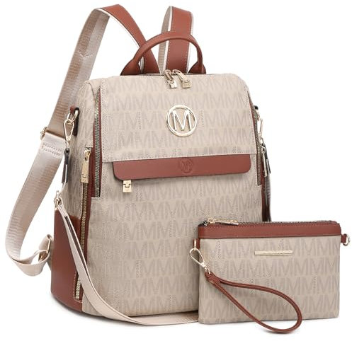 MKP modischer Damen-Rucksack, Geldbörse, PU-Leder, wandelbar, mittelgroß, für Reisen, Schultertaschen, Handtasche und Geldbörse, 2 Stück, Beige-1, Classic