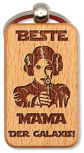 dekolaser24 - Handgefertigter Schlüsselanhänger aus Buchenholz - Beste Mama der Galaxis - Geschenk für Star Wars Fans Muttertag Geburtstag oder Weihnachten