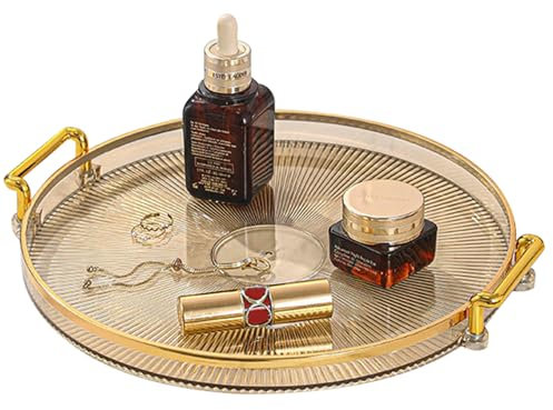 Tissting Decorative Tray 27cm Round Amber Gold Transparent Serving Holder with Handles, Plastic Make Up Display Platters for Kitchen, Bathroom, Living Room