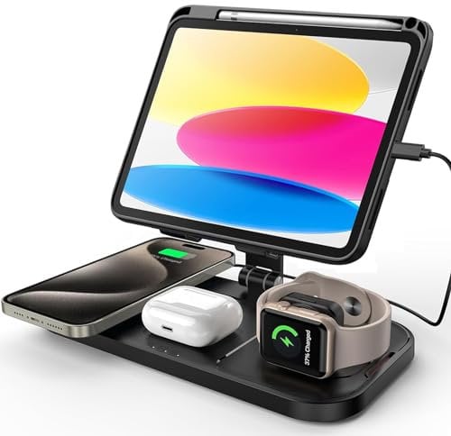 Caricatore Wireless per iPhone, 4 in 1 Base Ricarica iPhone Apple Watch Airp-ods, Ricarica Wireless per iPhone 15/14/13/12/11/Pro Max, Stazione Ricarica per Apple Watch 9/8/7/6/SE, iPad e Airp-ods