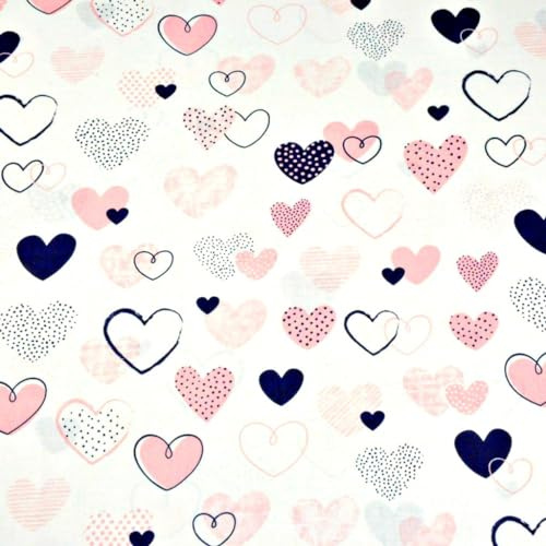 Textrend Baumwollstoff Stoffe Meterware - Stoff zum Nähen - 100% Baumwolle - Baumwollstoff mit Herzen - Textilien 1x1.6m (Herzen in Rosa und Marineblau auf weißem Hintergrund gemustert)
