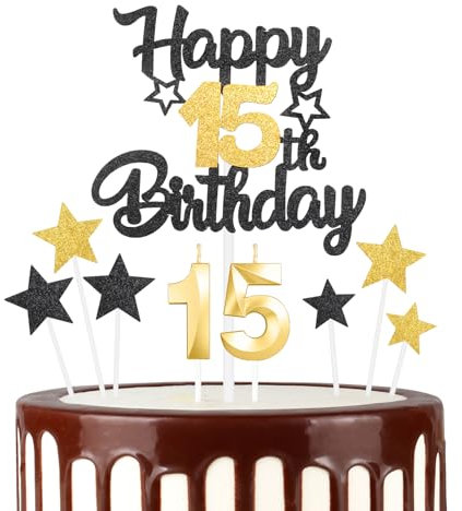 Schwarzgoldenes 15th Geburtstagskerzen Kuchenaufsatz Set, 3D Golden Zahl 15 Kerze für Kuchen, Mädchen Jungen 15th Geburtstag Dekorationen, Schwarzgoldenes Geburtstagsdekorationen für Mädchen Jungen