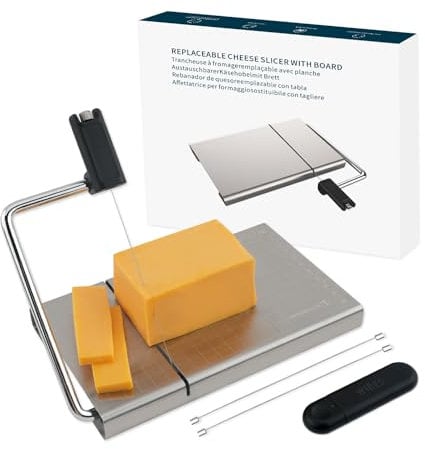 KITCHENDAO Replaceable Wire Cheese Slicer with Board and Measuring Grids,Tightness Adjustable Cheese Slicer, Stainless Steel Metal Cheese Cutter for Block Cheese, Dishwasher Safe, with 2 Extra Wires