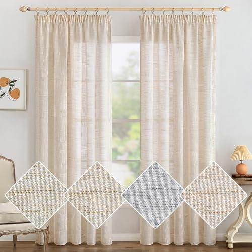 MIULEE Gardinen mit Kräuselband, Leinenoptik 140x200 cm Weißer Reis, 2er | Moderne Durchscheinende Voile Vorhänge mit Kräuselband, Leinenoptik für Wohnzimmer Schlafzimmer, Passend für Schienensysteme