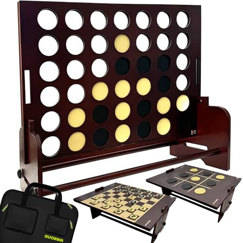 QUOKKA Jeu de Connexion Géant Marron 4 en 1 - Jeu Familial Géant en Bois pour Adultes - Fête de Famille dans Le Jardin - Grands Échecs et Dames - Tic Tac Toe en Bois - Tous Temps