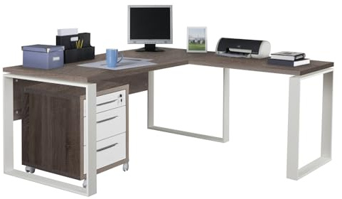 Composad | Bureau d'angle et Commode avec 3 tiroirs et Serrure de la Ligne Dessin, Lot de 2 Meubles de Bureau, (LxHxP): 170 x 74,50 x 80 + 90 cm, chêne Sonoma et Blanc laqué, fabriqué en Italie
