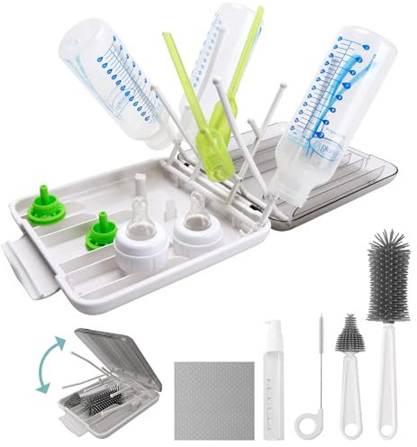 Baby Bottle Brush, 7 in 1 Travel Bottle Cleaner Kit with Soap Dispenser, Bottle Drying Rack, Dishcloths, Portable Essentials for Home and Travel-White