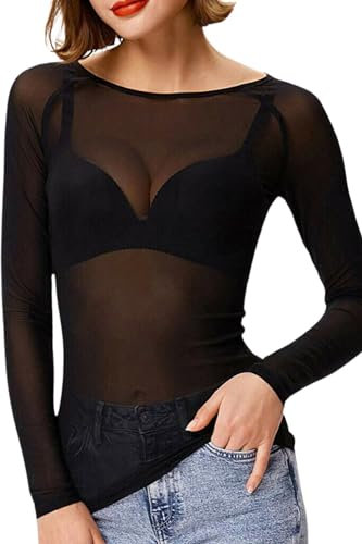 STAR FASHION Sheer Mesh Top Long Sleeve See Through T Shirt Tops for Womens Ladies Stretchy Round Neck Tee T-Shirts Black-XL