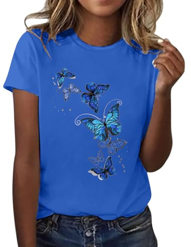 Uwdiohq Maglietta da Donna con Stampa a Farfalla, Manica Corta, Girocollo, Maglietta alla, Leggera, Morbida, Casual, Traspirante Abbigliamento Estivo Magliette in