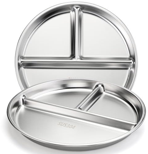 Nandent Set di 2 piatti per il controllo delle porzioni, in acciaio inox, con divisori, 22,9 cm, riutilizzabili, con 3 scomparti (set da 2 argento)