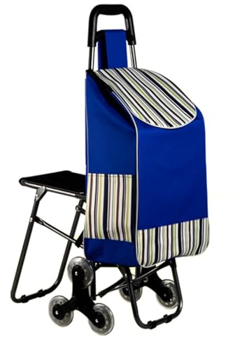 Carrello per la spesa con sedile, 3 ruote per salire le scale, carrello per la spesa pieghevole, resistente, con poggia sedia, blu