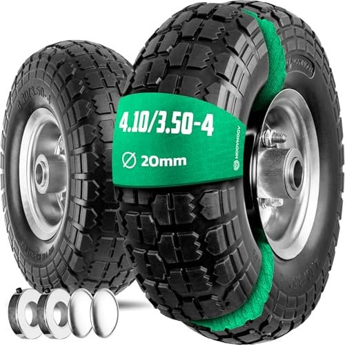 MOOVMOOV Rueda Maciza 4.10/3.50-4 (x2) Eje de 20 mm - Cubo Centrado 75 mm - Para Carretillas, Carretillas de Mano, Carros, Etc. - Incluye Anillo de Bloqueo + Tapa Autolock