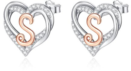 INFUSEU Letter Earring, 925 Sterling Silver S Stud Earrings Initial Small Earrings Rose Gold Heart Letter A-Z First Name Alphabet Initials Personalized Jewelery Gifts for Women Girls Ladies
