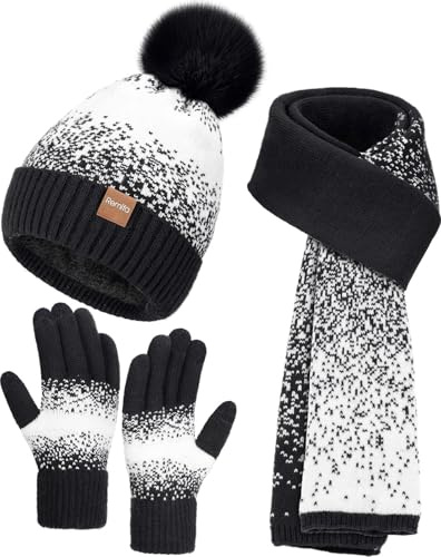 Remifa Damen-Wintermütze, Schal, Handschuhe, Set, Bommel, warme Mütze, langer Strickschal, Touchscreen-Handschuhe, 3-in-1, Weihnachtsgeschenk